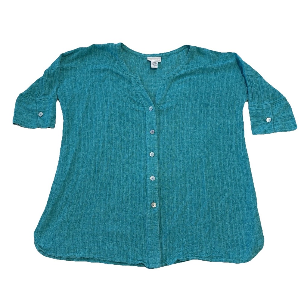 Soft Surroundings Blouse Large Petite Blue Linen Cotton Button Front Tunic Top